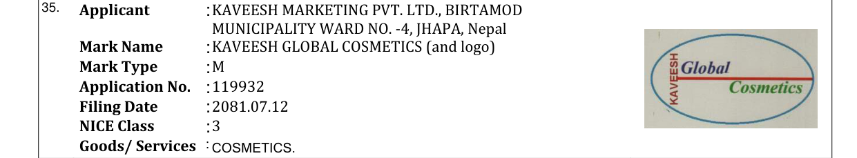 Original bulletin entry for KAVEESH GLOBAL COSMETICS (and logo)
