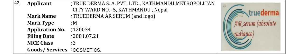 Original bulletin entry for TRUEDERMA AR SERUM (and logo)
