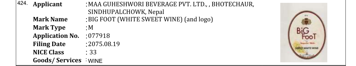 Original bulletin entry for BIG FOOT (WHITE SWEET WINE) (and logo)