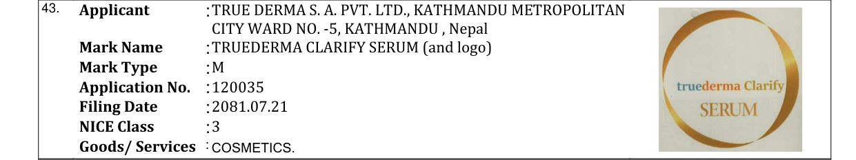 Original bulletin entry for TRUEDERMA CLARIFY SERUM (and logo)