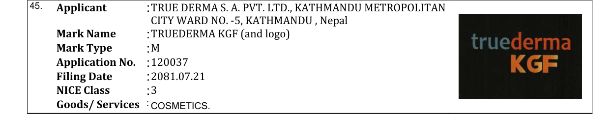 Original bulletin entry for TRUEDERMA KGF (and logo)