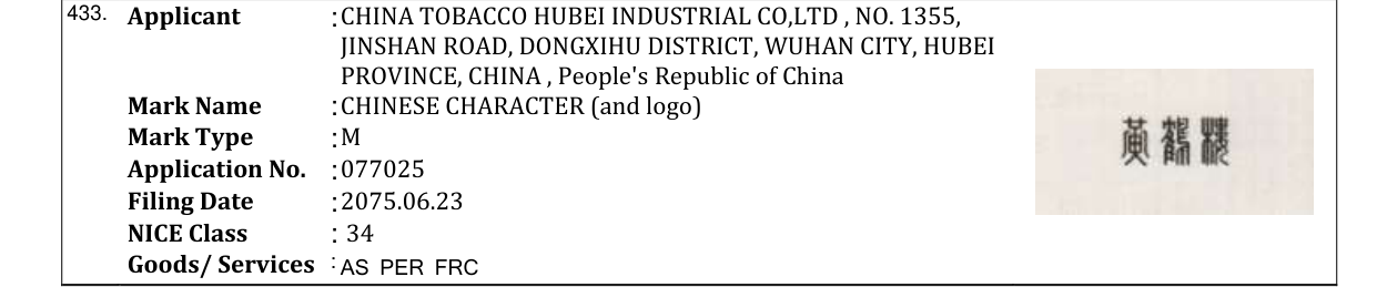 Original bulletin entry for CHINESE CHARACTER (and logo)