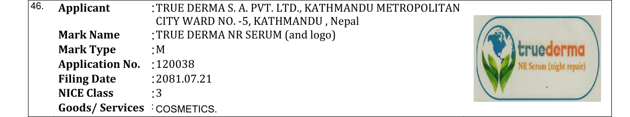 Original bulletin entry for TRUE DERMA NR SERUM (and logo)