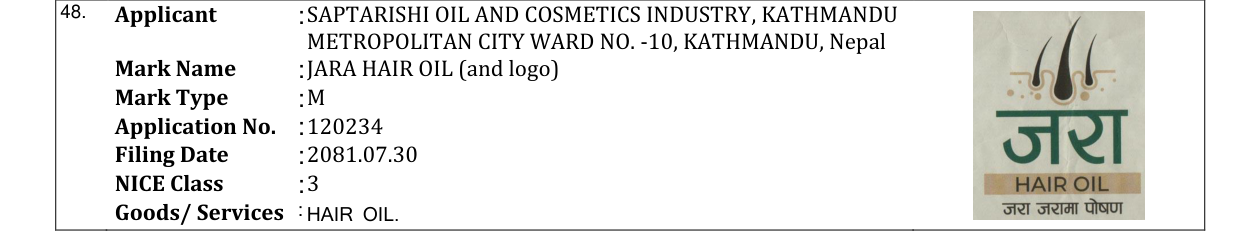 Original bulletin entry for JARA HAIR OIL (and logo)