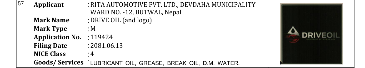 Original bulletin entry for DRIVE OIL (and logo)