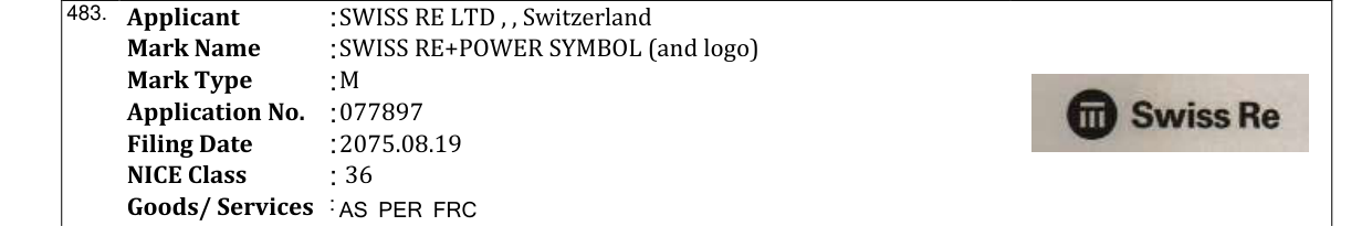 Original bulletin entry for SWISS RE+POWER SYMBOL (and logo)