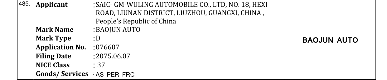 Original bulletin entry for BAOJUN AUTO
