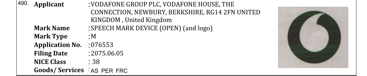 Original bulletin entry for SPEECH MARK DEVICE (OPEN) (and logo)