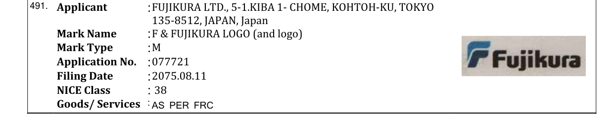 Original bulletin entry for F & FUJIKURA LOGO (and logo)