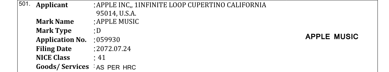 Original bulletin entry for APPLE MUSIC