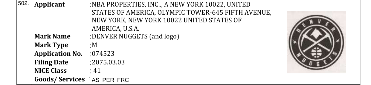 Original bulletin entry for DENVER NUGGETS (and logo)