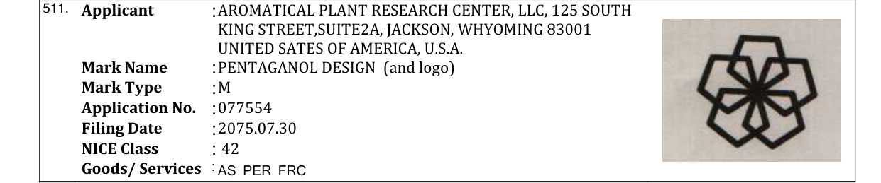 Original bulletin entry for PENTAGANOL DESIGN (and logo)