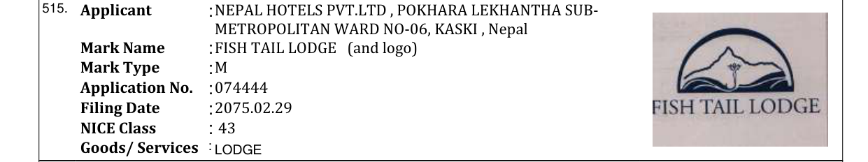Original bulletin entry for FISH TAIL LODGE (and logo)
