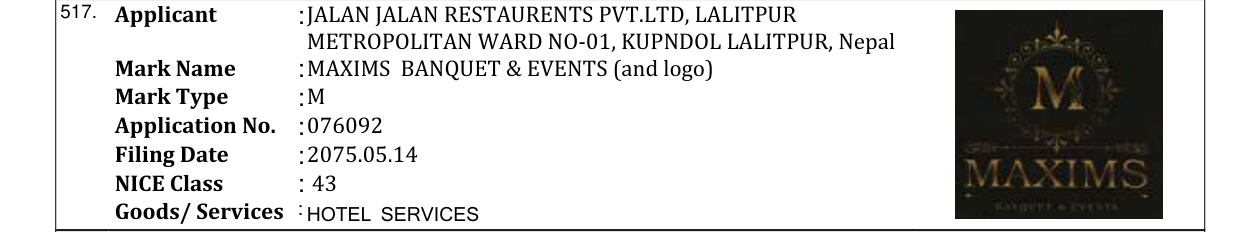 Original bulletin entry for MAXIMS BANQUET & EVENTS (and logo)
