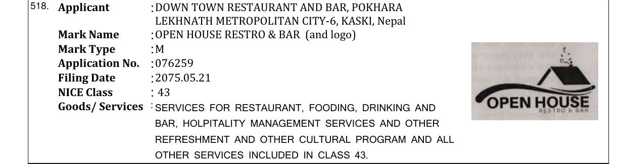 Original bulletin entry for OPEN HOUSE RESTRO & BAR (and logo)