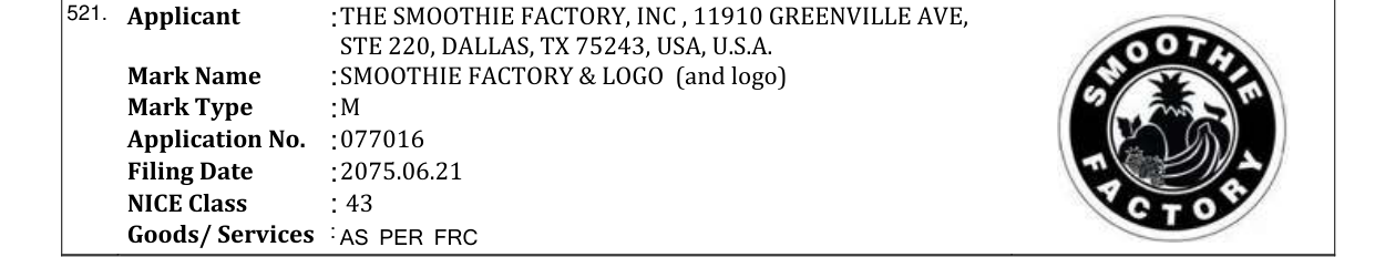 Original bulletin entry for SMOOTHIE FACTORY & LOGO (and logo)