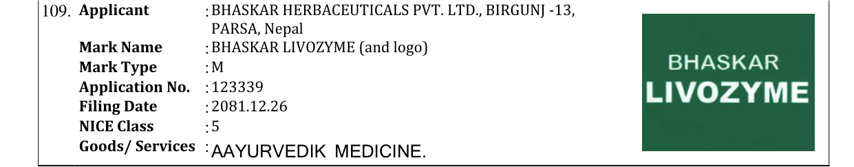 Original bulletin entry for BHASKAR LIVOZYME (and logo)