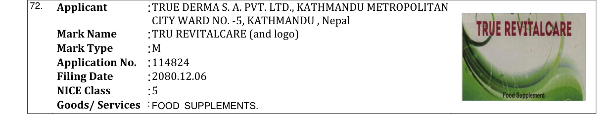Original bulletin entry for TRU REVITALCARE (and logo)