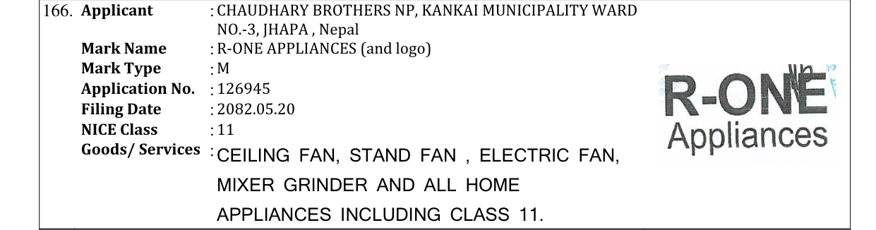 Original bulletin entry for R-ONE APPLIANCES (and logo)