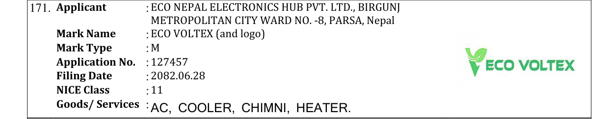 Original bulletin entry for ECO VOLTEX (and logo)