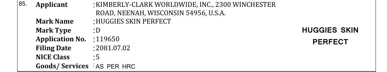 Original bulletin entry for HUGGIES SKIN PERFECT