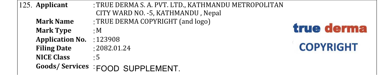 Original bulletin entry for TRUE DERMA COPYRIGHT (and logo)