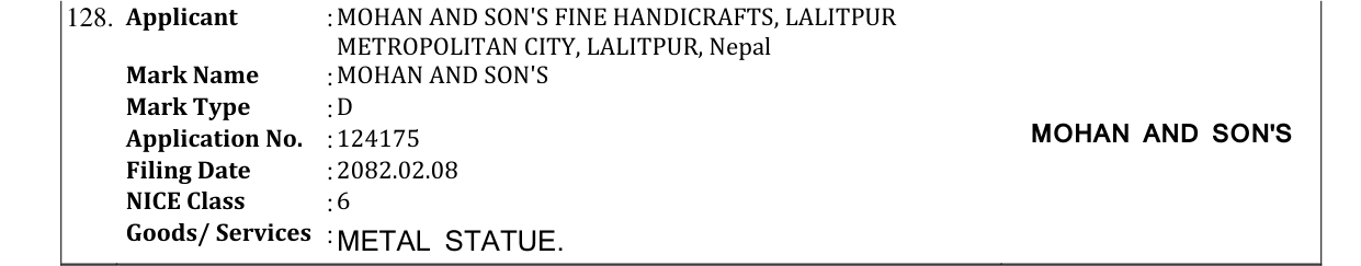 Original bulletin entry for MOHAN AND SON'S