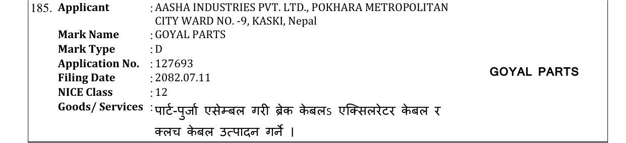 Original bulletin entry for GOYAL PARTS