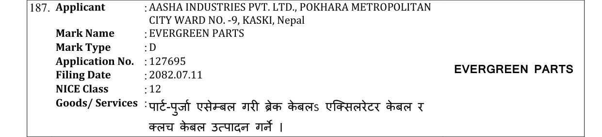 Original bulletin entry for EVERGREEN PARTS