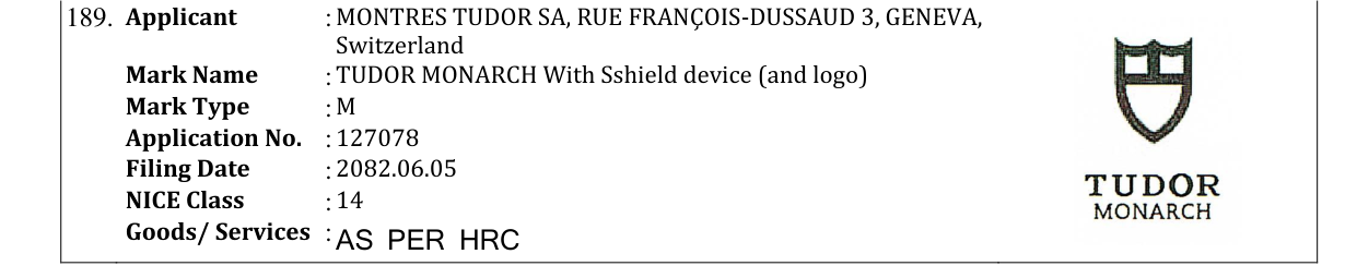 Original bulletin entry for TUDOR MONARCH With Sshield device (and logo)