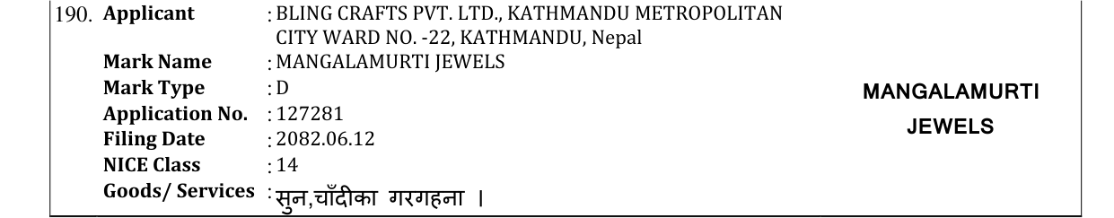 Original bulletin entry for MANGALAMURTI JEWELS
