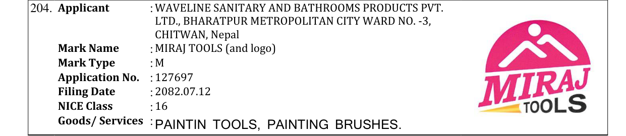 Original bulletin entry for MIRAJ TOOLS (and logo)