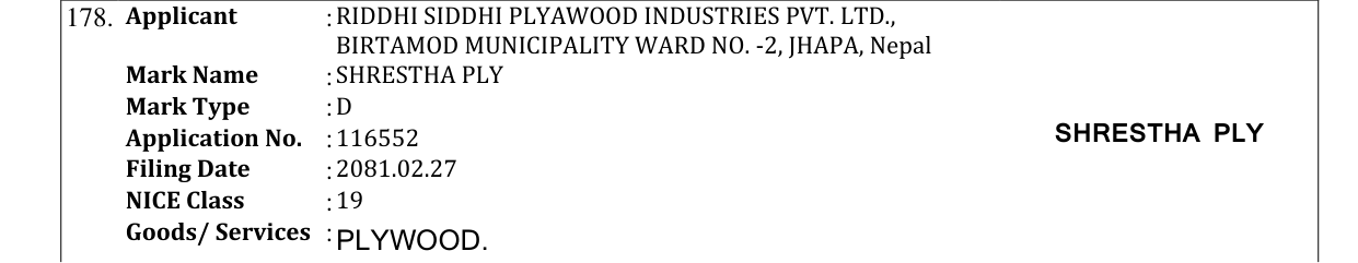 Original bulletin entry for SHRESTHA PLY