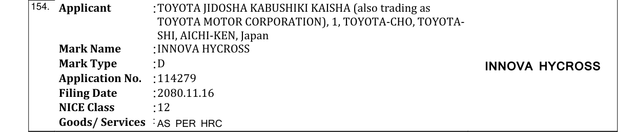 Original bulletin entry for INNOVA HYCROSS