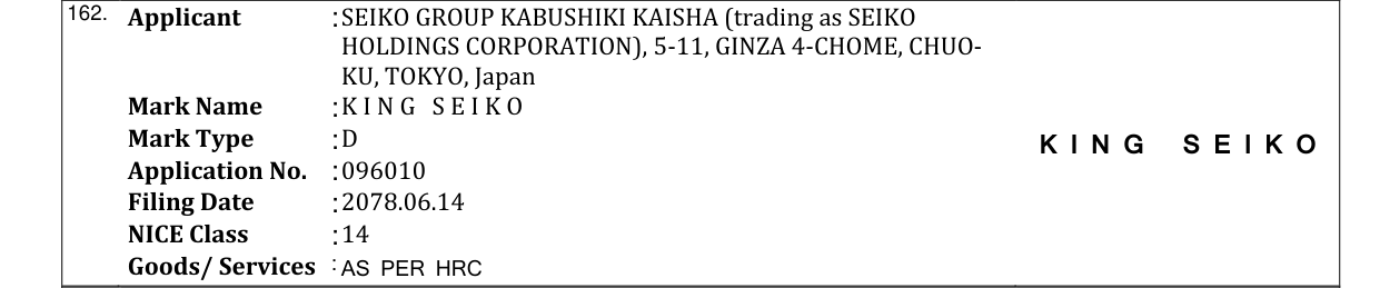 Original bulletin entry for K I N G S E I K O