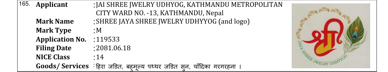 Original bulletin entry for SHREE JAYA SHREE JWELRY UDHYYOG (and logo)