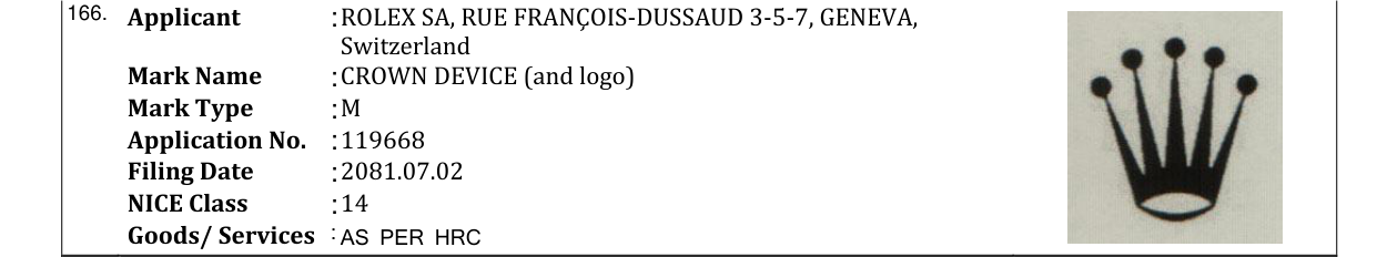 Original bulletin entry for CROWN DEVICE (and logo)