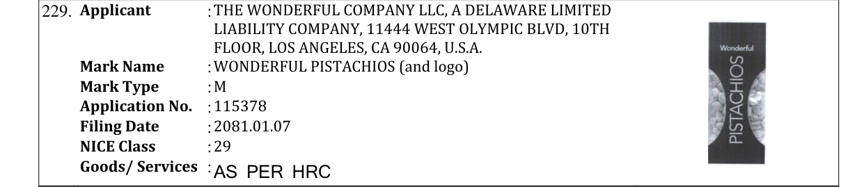 Original bulletin entry for WONDERFUL PISTACHIOS (and logo)