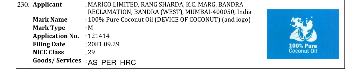 Original bulletin entry for 100% Pure Coconut Oil (DEVICE OF COCONUT) (and logo)