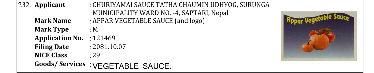 Original bulletin entry for APPAR VEGETABLE SAUCE (and logo)
