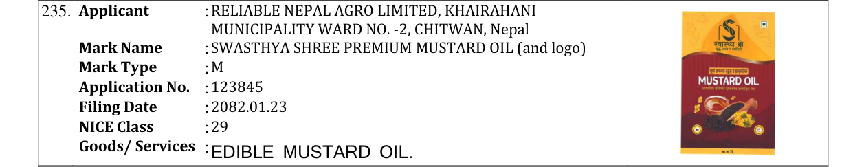 Original bulletin entry for SWASTHYA SHREE PREMIUM MUSTARD OIL (and logo)
