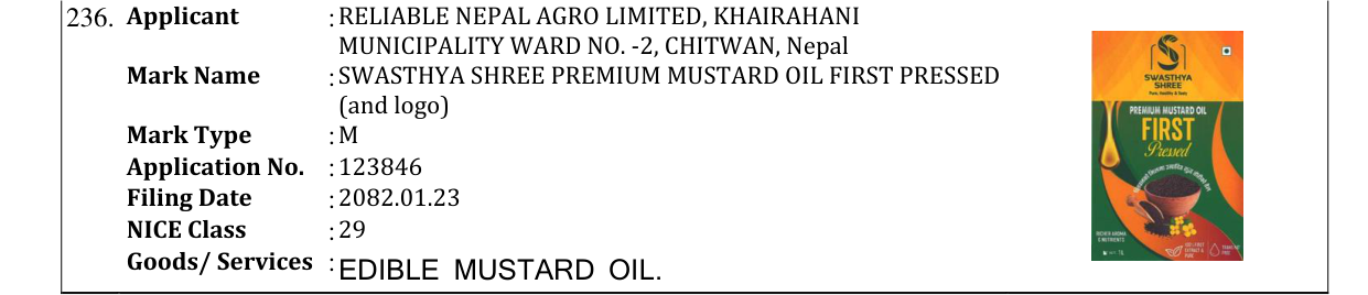 Original bulletin entry for SWASTHYA SHREE PREMIUM MUSTARD OIL FIRST PRESSED (and logo)