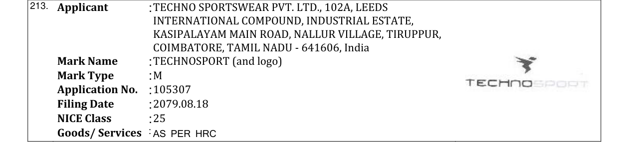Original bulletin entry for TECHNOSPORT (and logo)