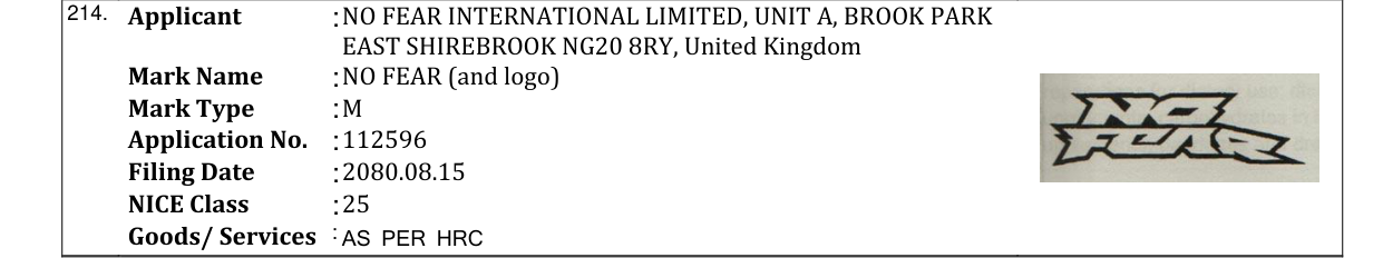 Original bulletin entry for NO FEAR (and logo)