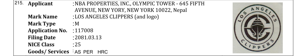 Original bulletin entry for LOS ANGELES CLIPPERS (and logo)