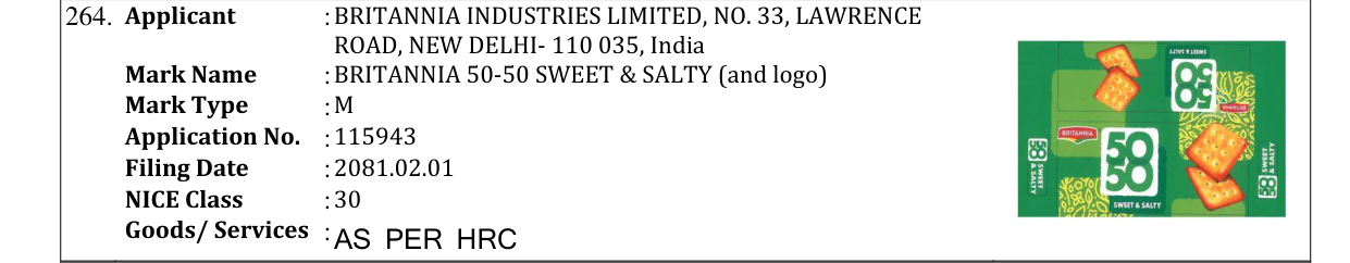 Original bulletin entry for BRITANNIA 50-50 SWEET & SALTY (and logo)