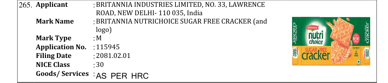 Original bulletin entry for BRITANNIA NUTRICHOICE SUGAR FREE CRACKER (and logo)