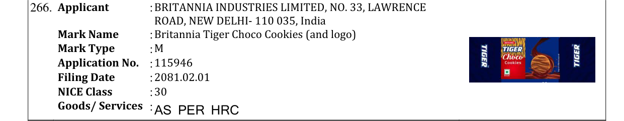 Original bulletin entry for Britannia Tiger Choco Cookies (and logo)