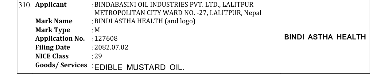 Original bulletin entry for BINDI ASTHA HEALTH (and logo)