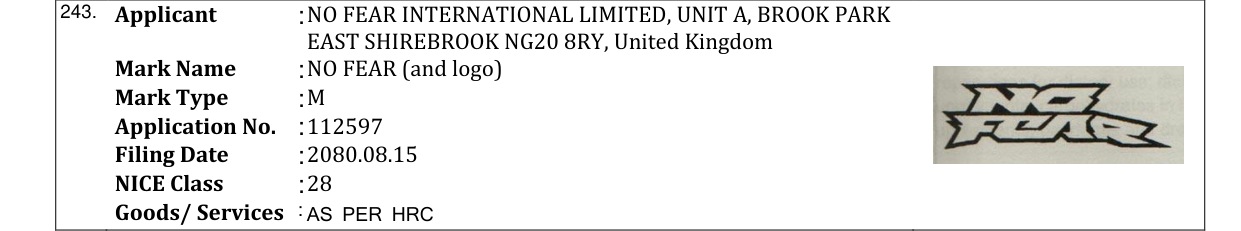 Original bulletin entry for NO FEAR (and logo)